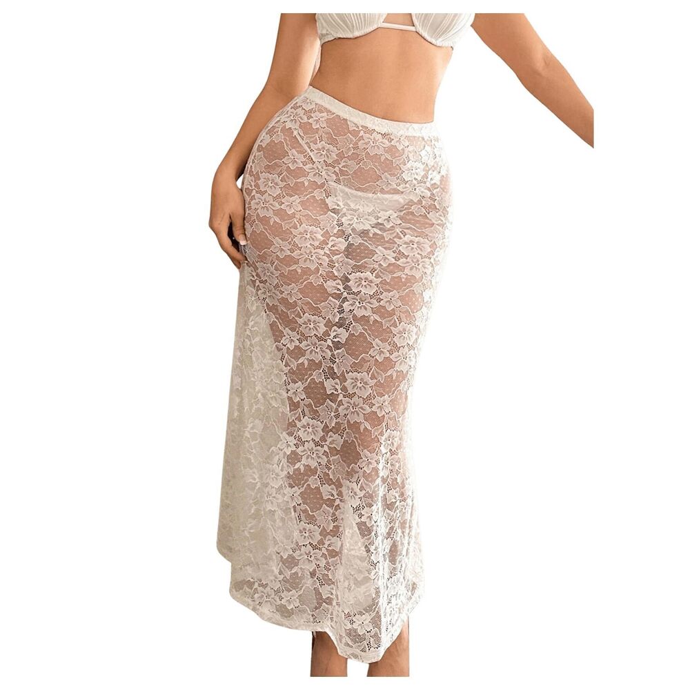 4406 Low Rise Floral Lace Mesh Perspective Long Skirt Straight Leg Cheeky